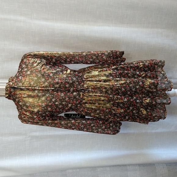 Metallic Chiffon Flowered Fit&Flare Long Sleeves Mini Dress Mock Neck Sz Medium - Picture 6 of 15